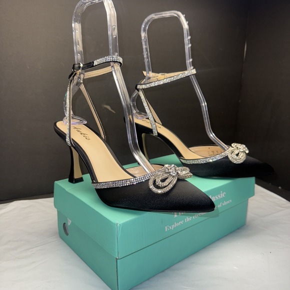 Source Unknown Shoes - Ankis Women's Rhinestone Bow Heels Closed Toe Pumps Strappy 8‎ Black  Glitter